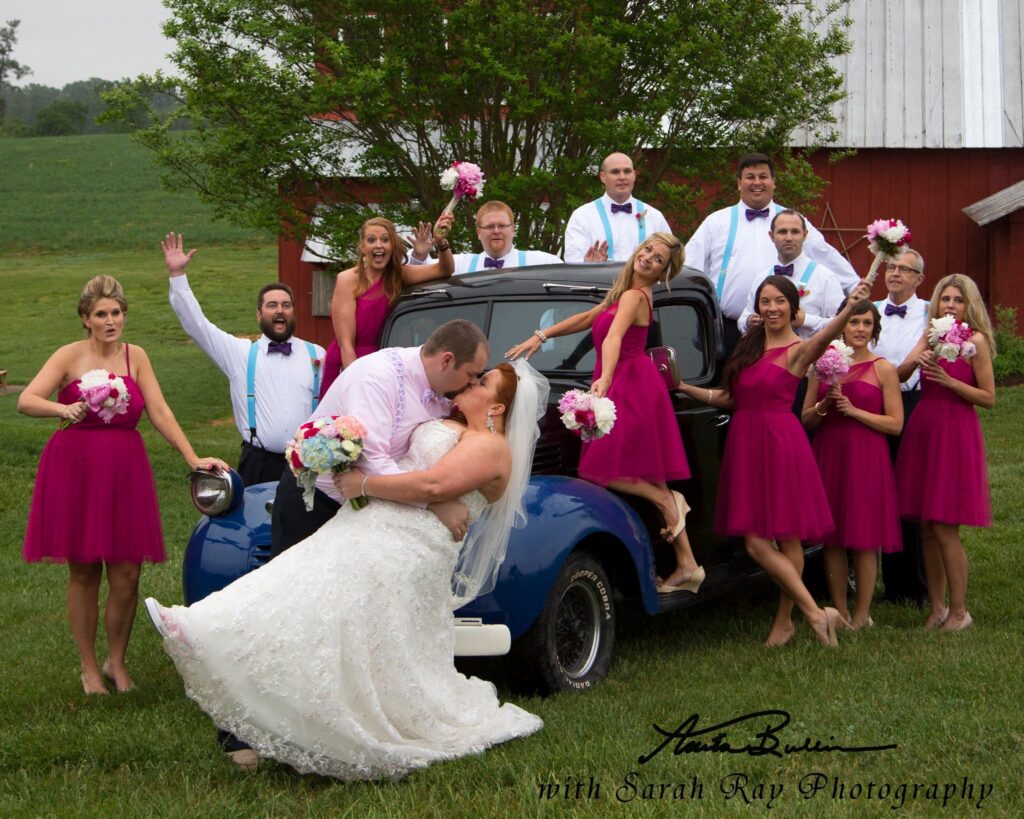 photo op with 1947 dodge pickup at blueberry Hill wedding venue near Winston-Salem and Charlotte