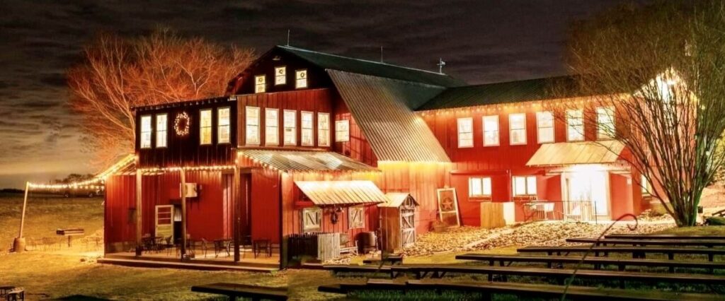 wedding Barn with lights The Barn at Blueberry Hill wedding venue with lodging located in Elkin, NC near Winston-Salem and Charlotte