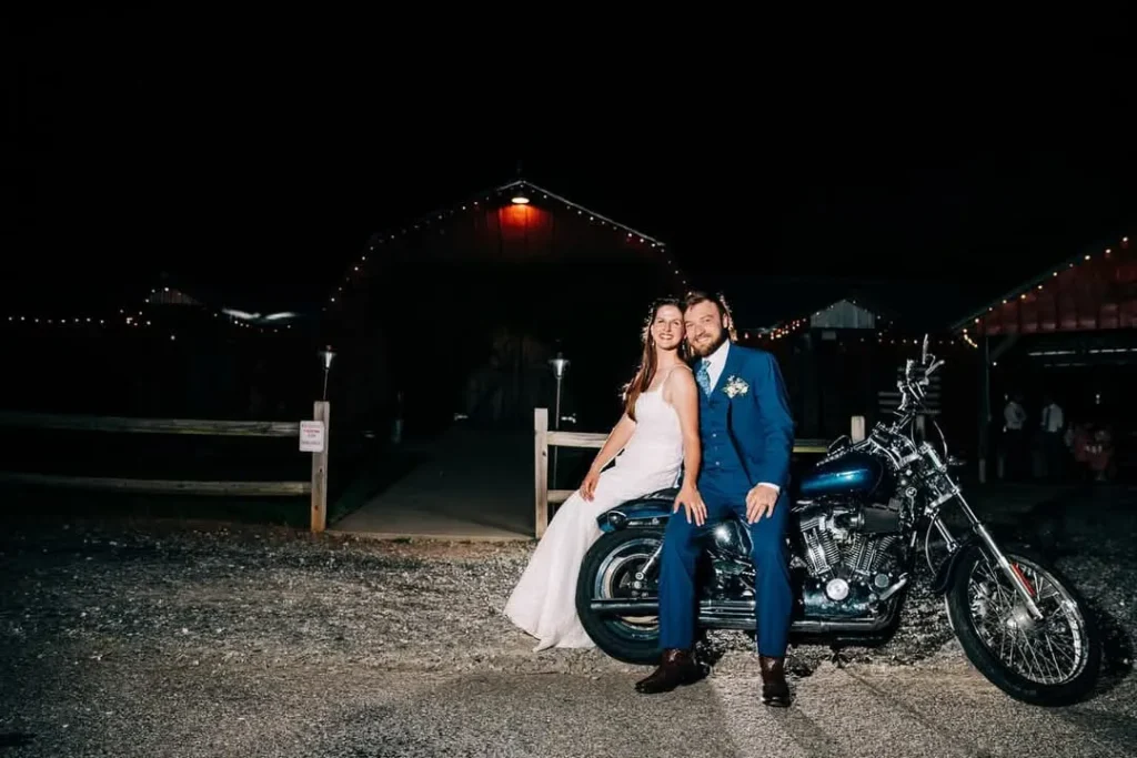 getaway motorcycle at locally owned wedding venue with lodging The Barn at Blueberry Hill in Elkin NC located near Winston-Salem and Charlotte