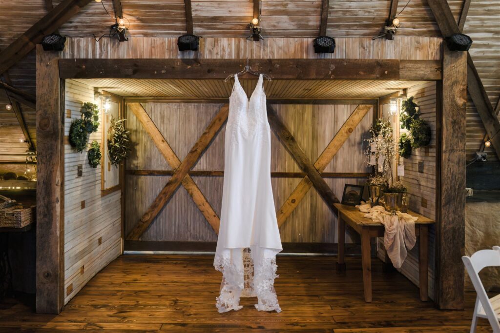 Wedding dress at The Barn at Blueberry Hill a locally owned wedding venue with lodging, DJ, bartender located near Winston-Salem and Charlotte