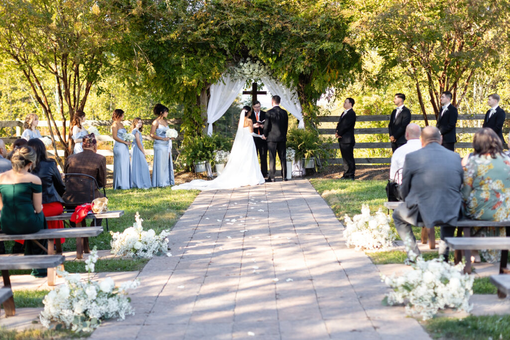 outdoor wedding area at The Barn at Blueberry hill a wedding venue near Charlotte and Winston Salem NC with lodging, DJ and bartender included
